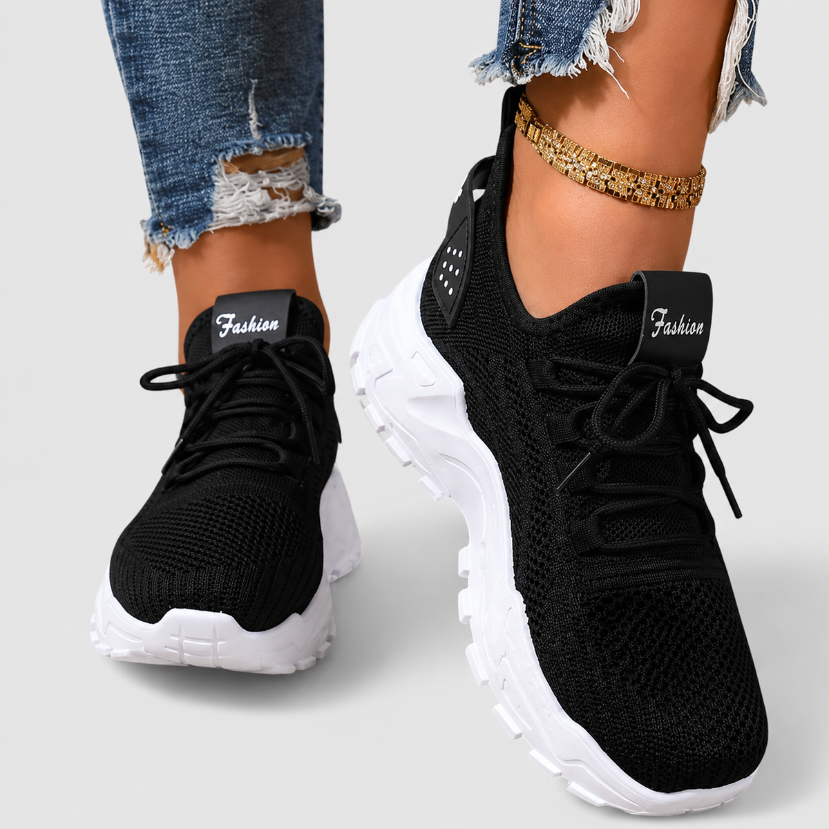 Lace Up Knit Mesh Chunky Platform Sneakers