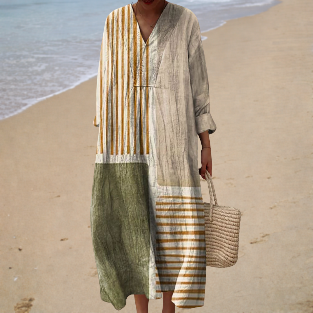 Striped Patchwork V-Neck Long Sleeve Linen Look Maxi Dress