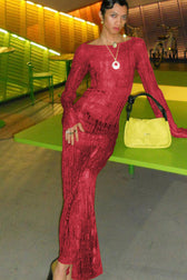 Crochet Knit Boat Neck Long Sleeve High Split Maxi Dress 13