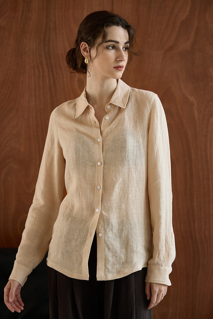 Semi Sheer Linen Look Collared Long Sleeve Slim Button Front Shirt 12