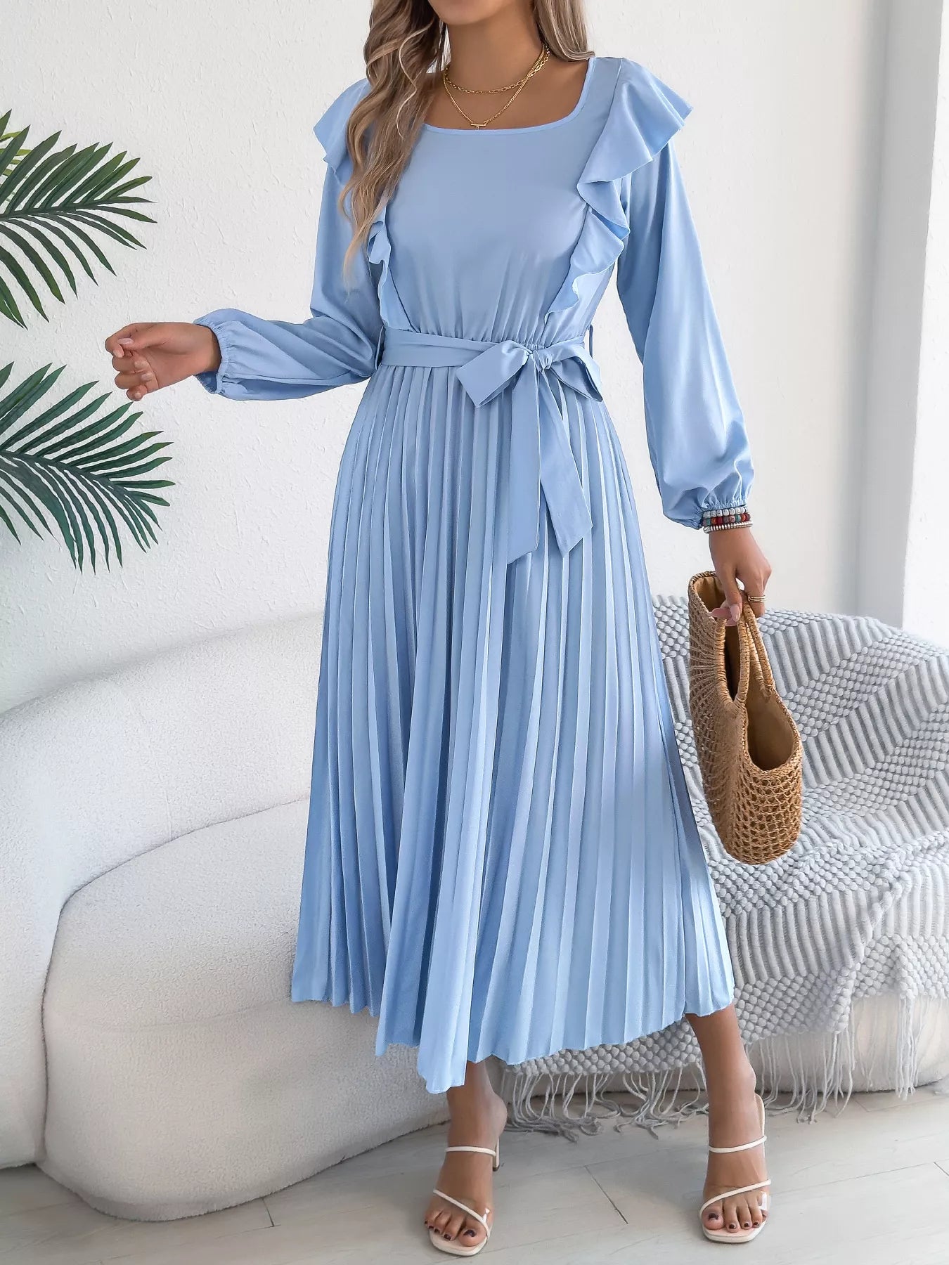 Ruffle Trim Pleated A-Line Midi Dress Blue