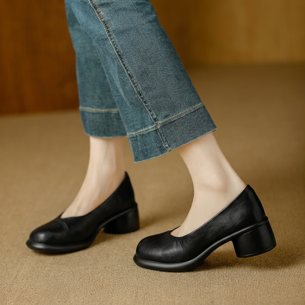 Round Toe Slip On Chunky Block Heel Pumps