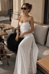 Low Cut Lace Trim Waist Cinch Slip Dress