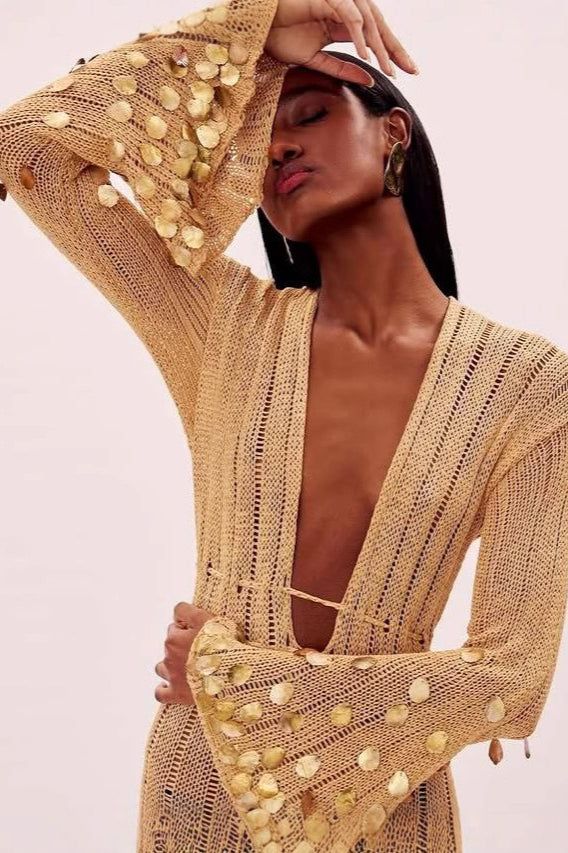 V Neck Belted Sequin Knit Long Boho Dress