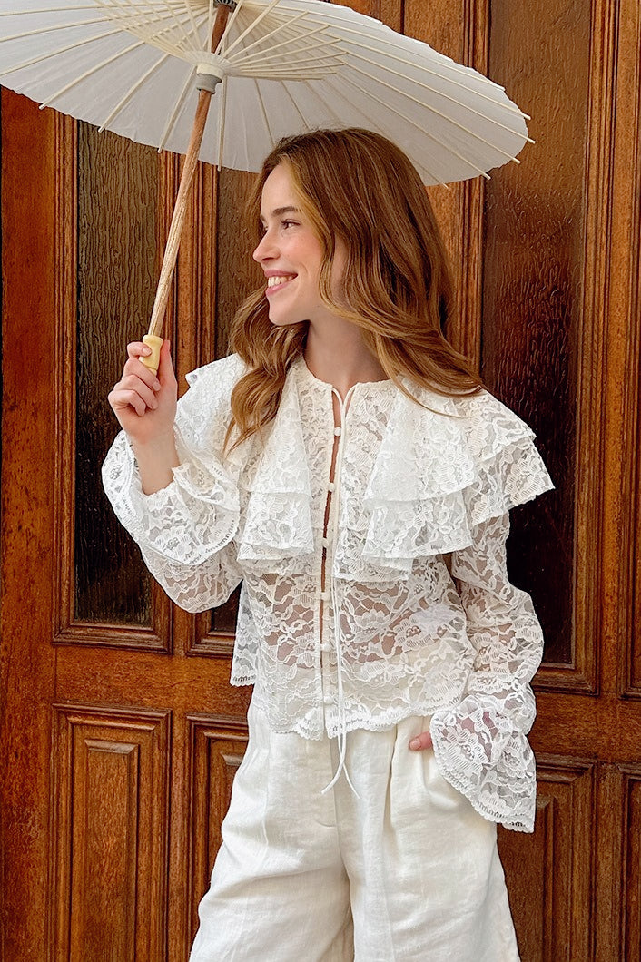 Lace Tiered Ruffle Collar Long Sleeve Tie Front Blouse 2