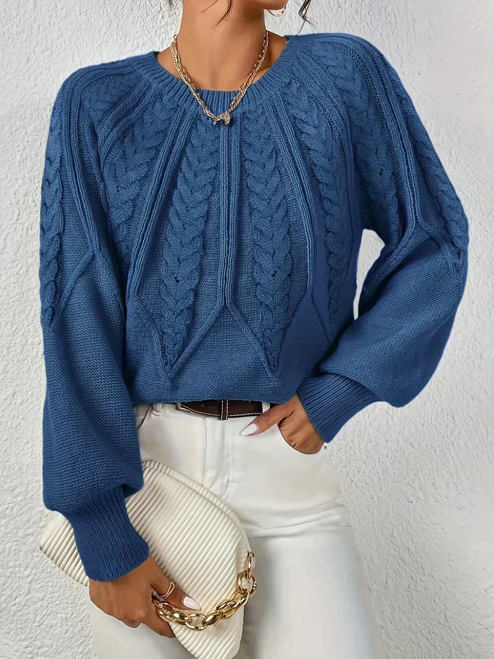 Crew Neck Cable Knit Long Sleeve Sweater