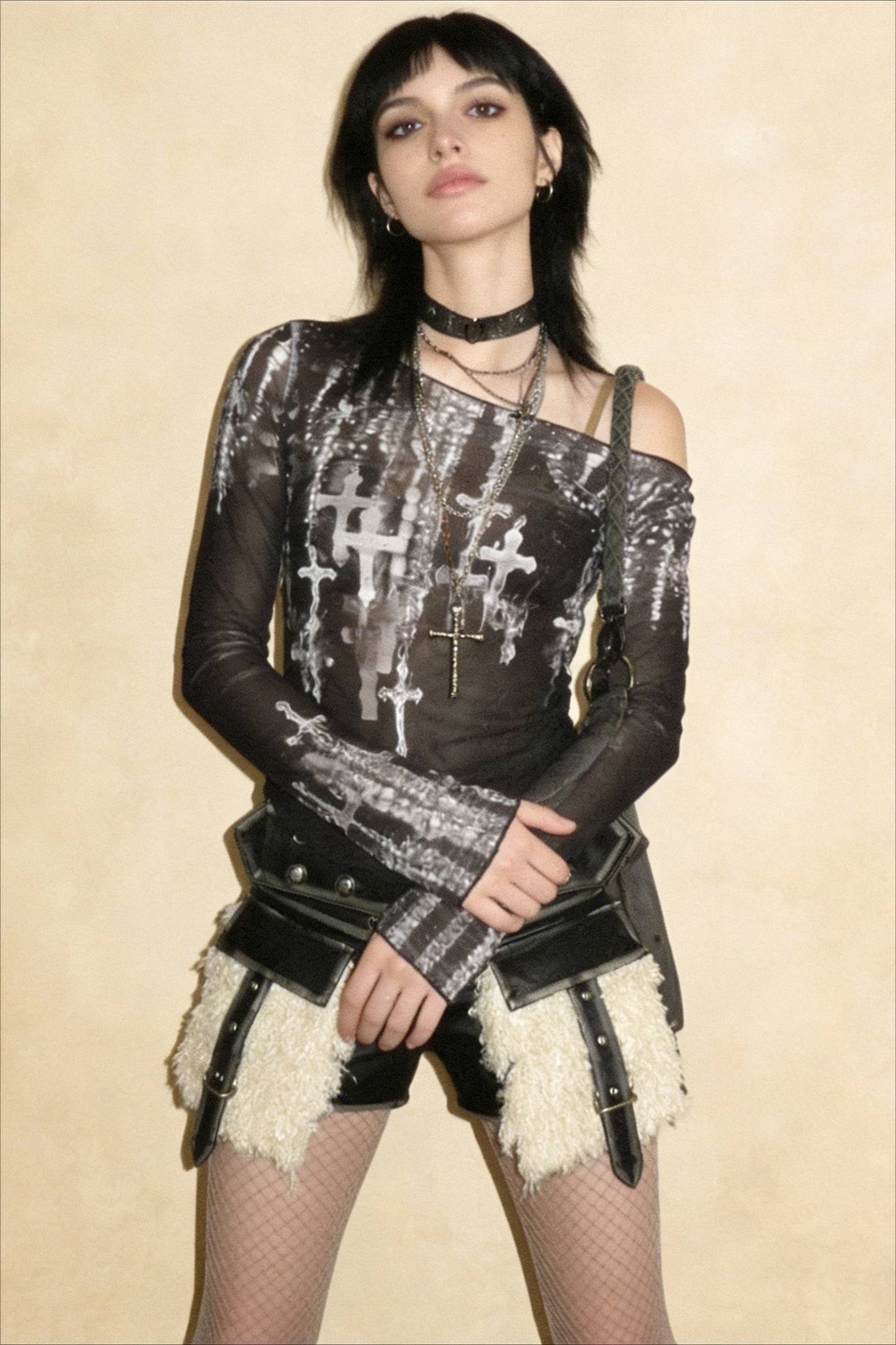 Grunge Cross Wide Neck Mesh Top