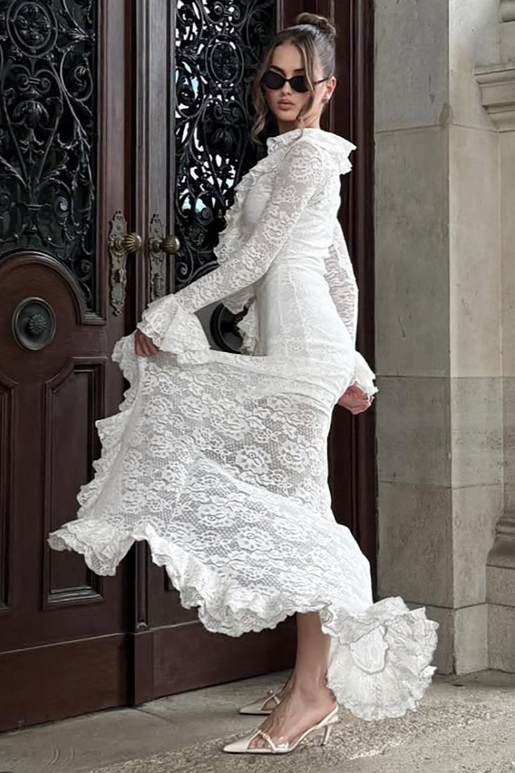 Lace Long Sleeve Deep V-Neck Ruffle Trim High Low Maxi Gown