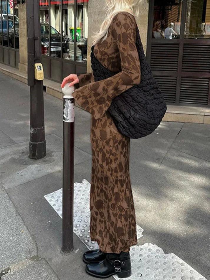 Brown Signature Print Trumpet Sleeve Maxi Dress