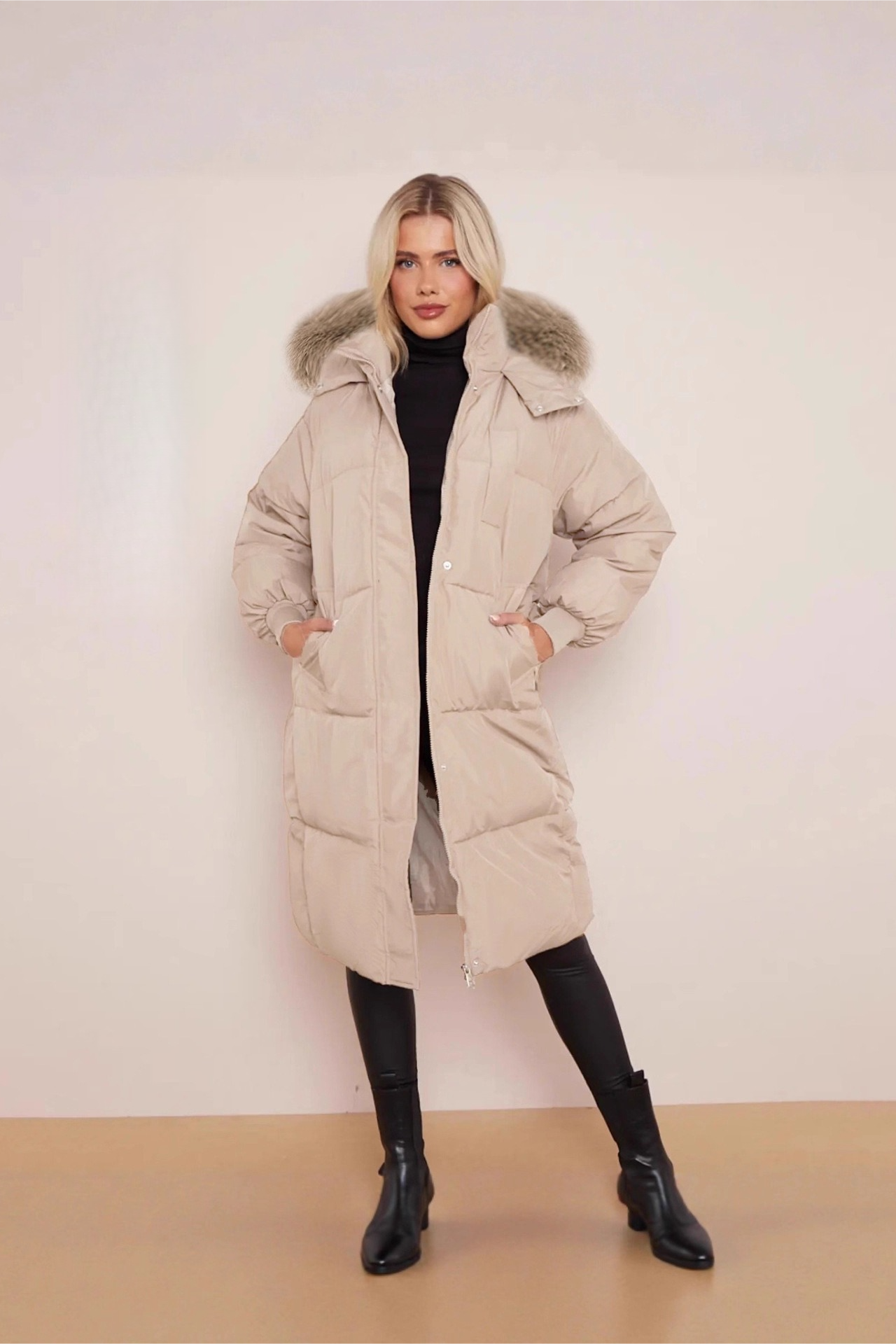 Thick Padded Hooded MidLength Winter Overcoat