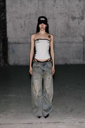 Vintage Washed Distressed Wide-Leg Denim Jeans