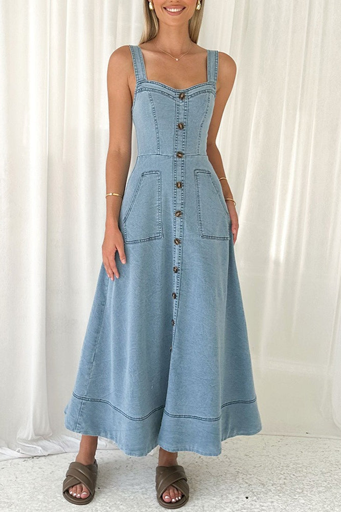 Strappy Edition Backless Maxi Denim Dress