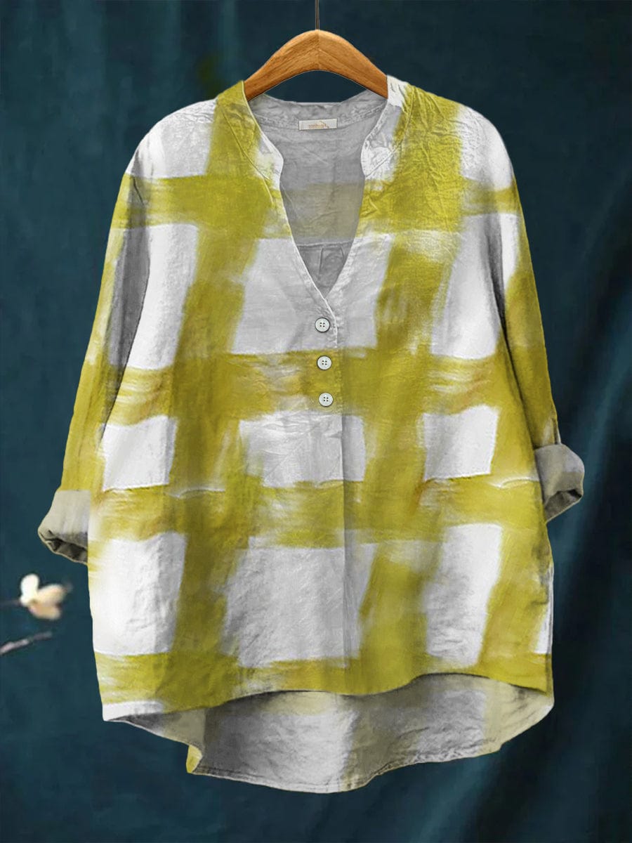 Brushed Check Print Notch Neck Roll Sleeve Tunic Top