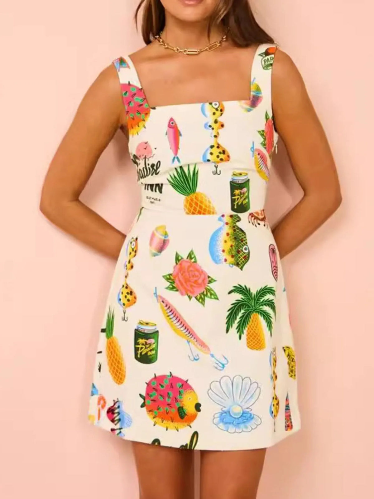 Tropical Novelty Print Square Neck Wide Strap A-Line Mini Dress