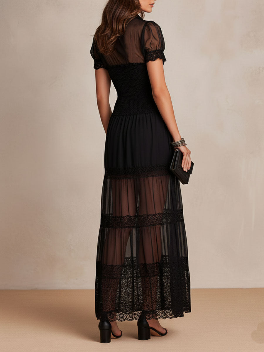 Sheer Mesh Lace Trim Short Sleeve Smocked Waist Maxi Dress