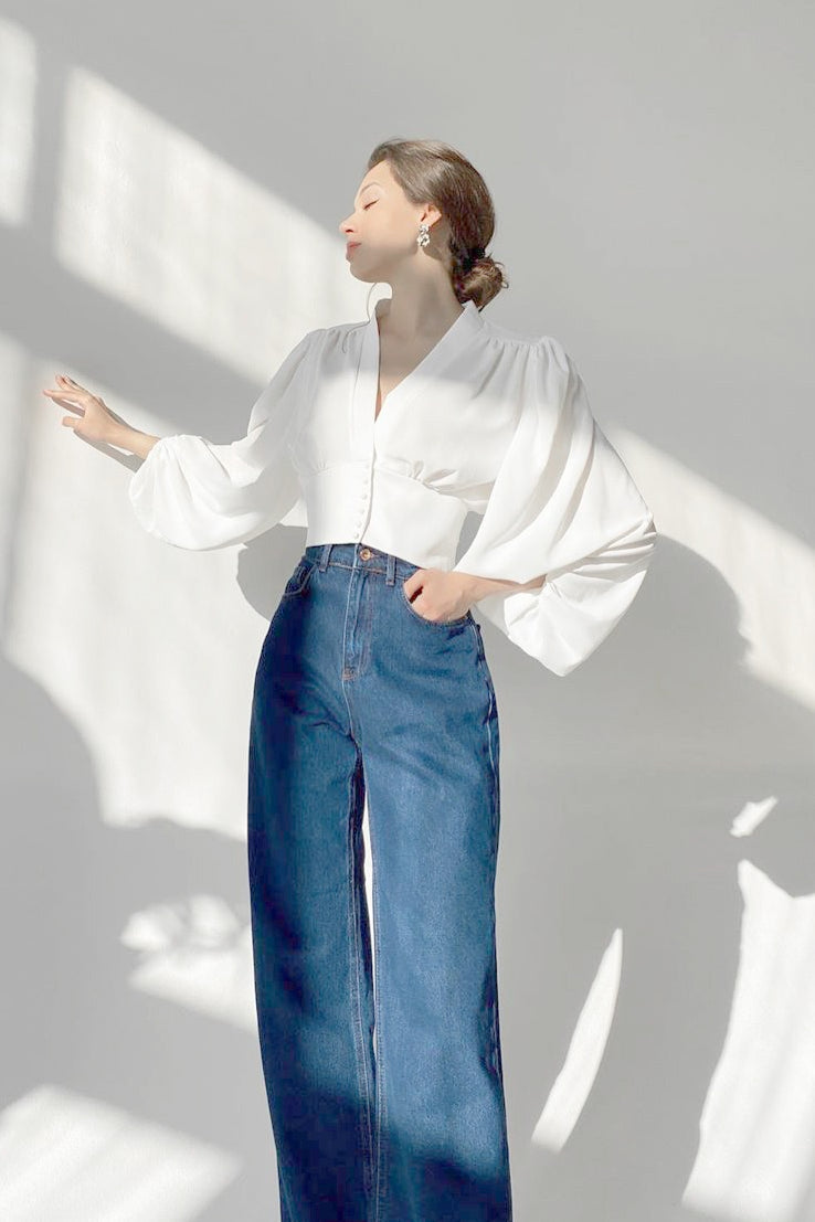 V-Neck Balloon Sleeve Button Front Fitted Waist Cropped Blouse