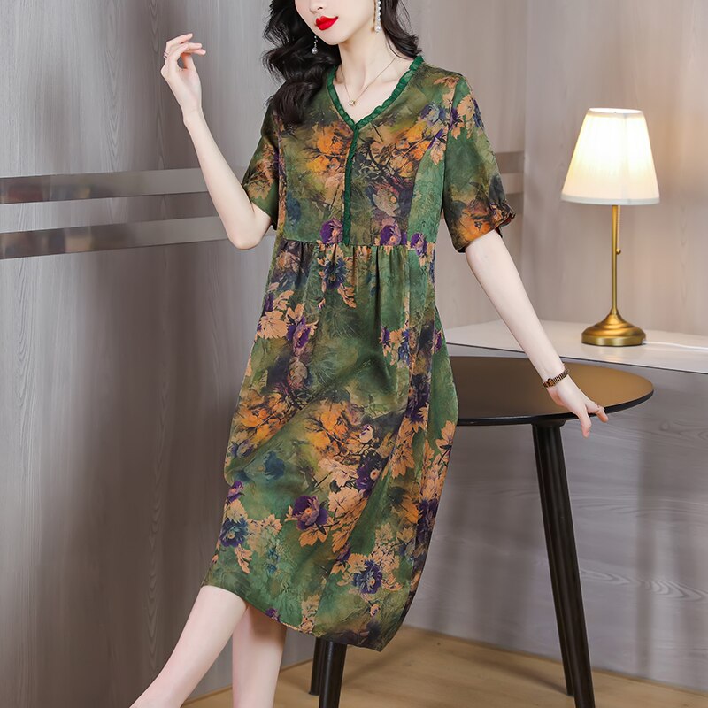 Floral Print V-Neck Short Sleeve Empire Waist Midi Dress