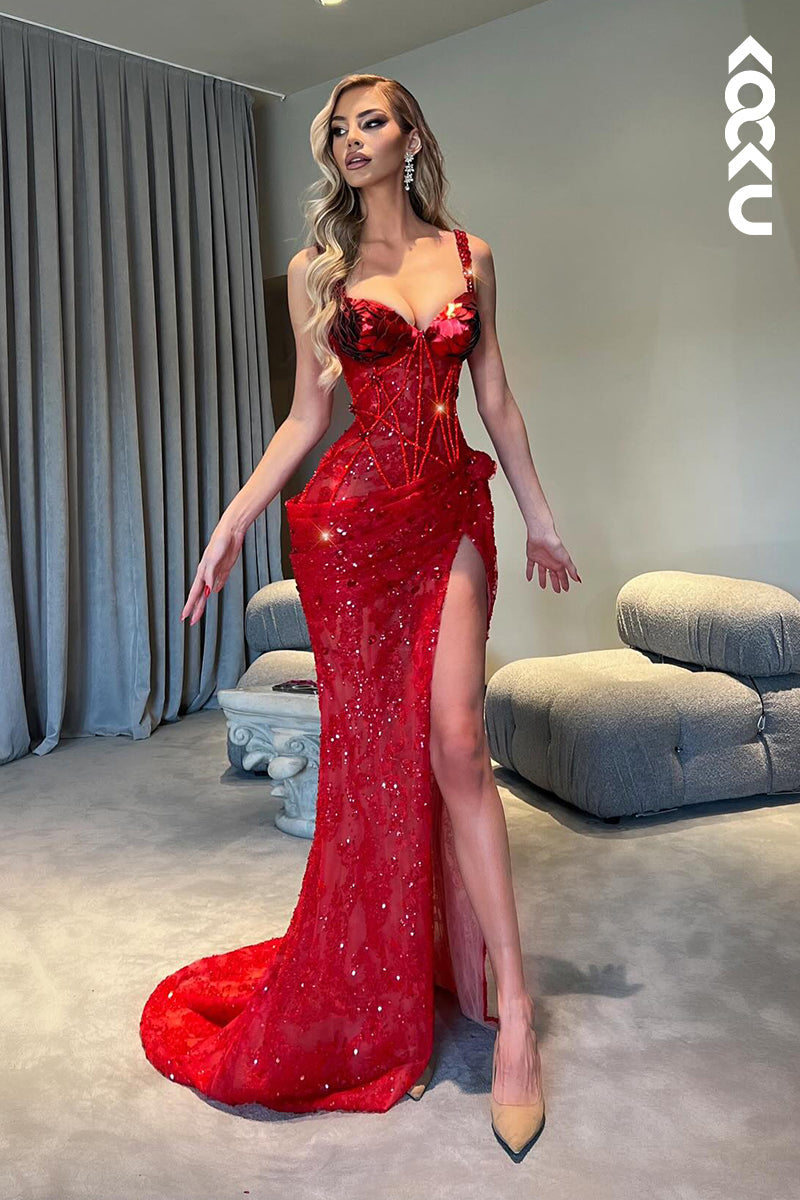 L1283 - Glamorous & Dramatic Straps V-Neck Side Slit Sequins Trumpet Evening Party Prom Dress
