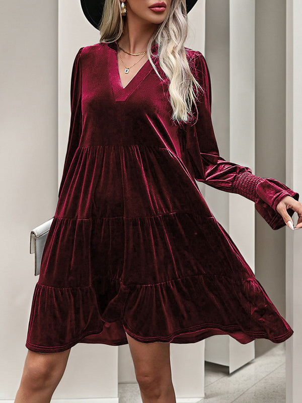 Velvet V-Neck Long Sleeve Tiered Mini Dress