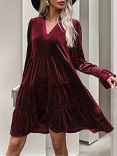 Velvet V-Neck Long Sleeve Tiered Mini Dress