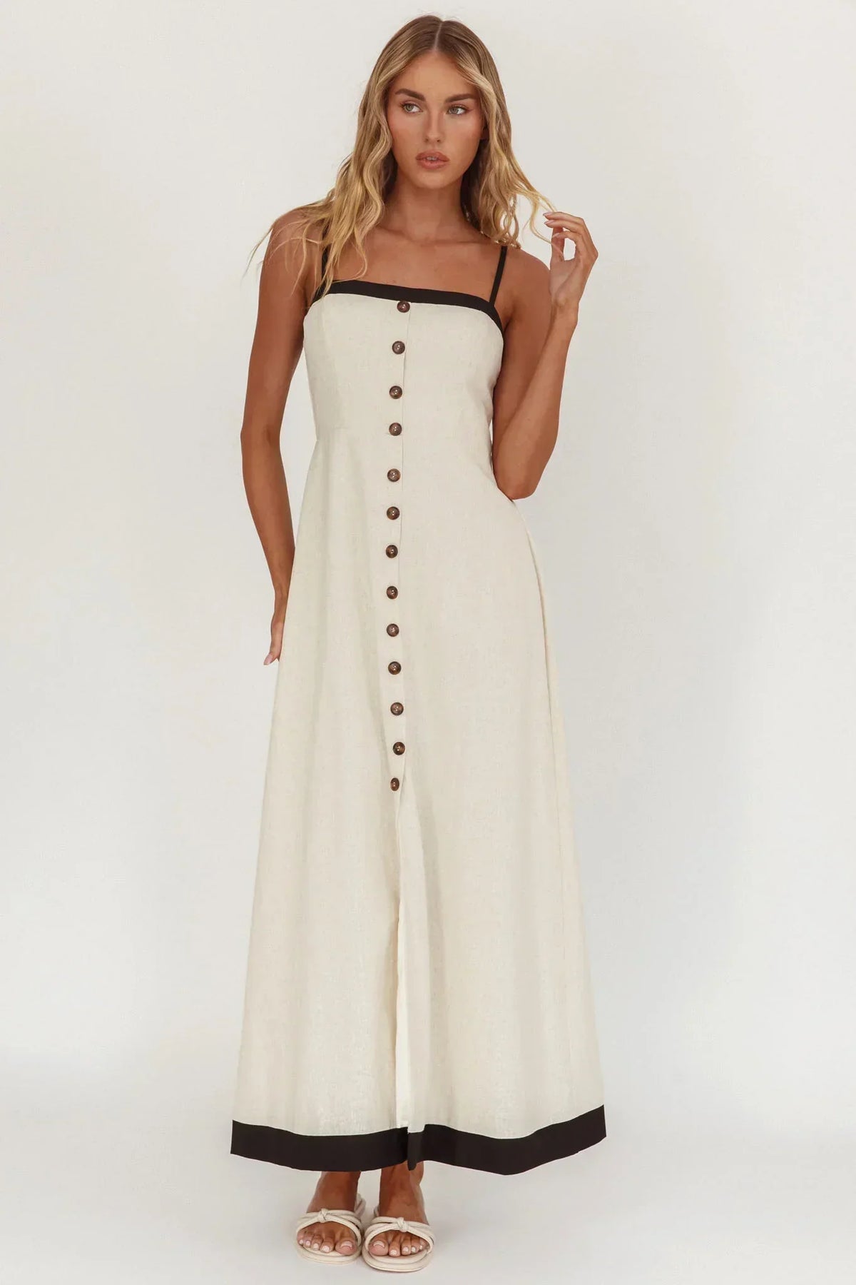 Contrast Trim Button Front Straight Neck Maxi Dress 4