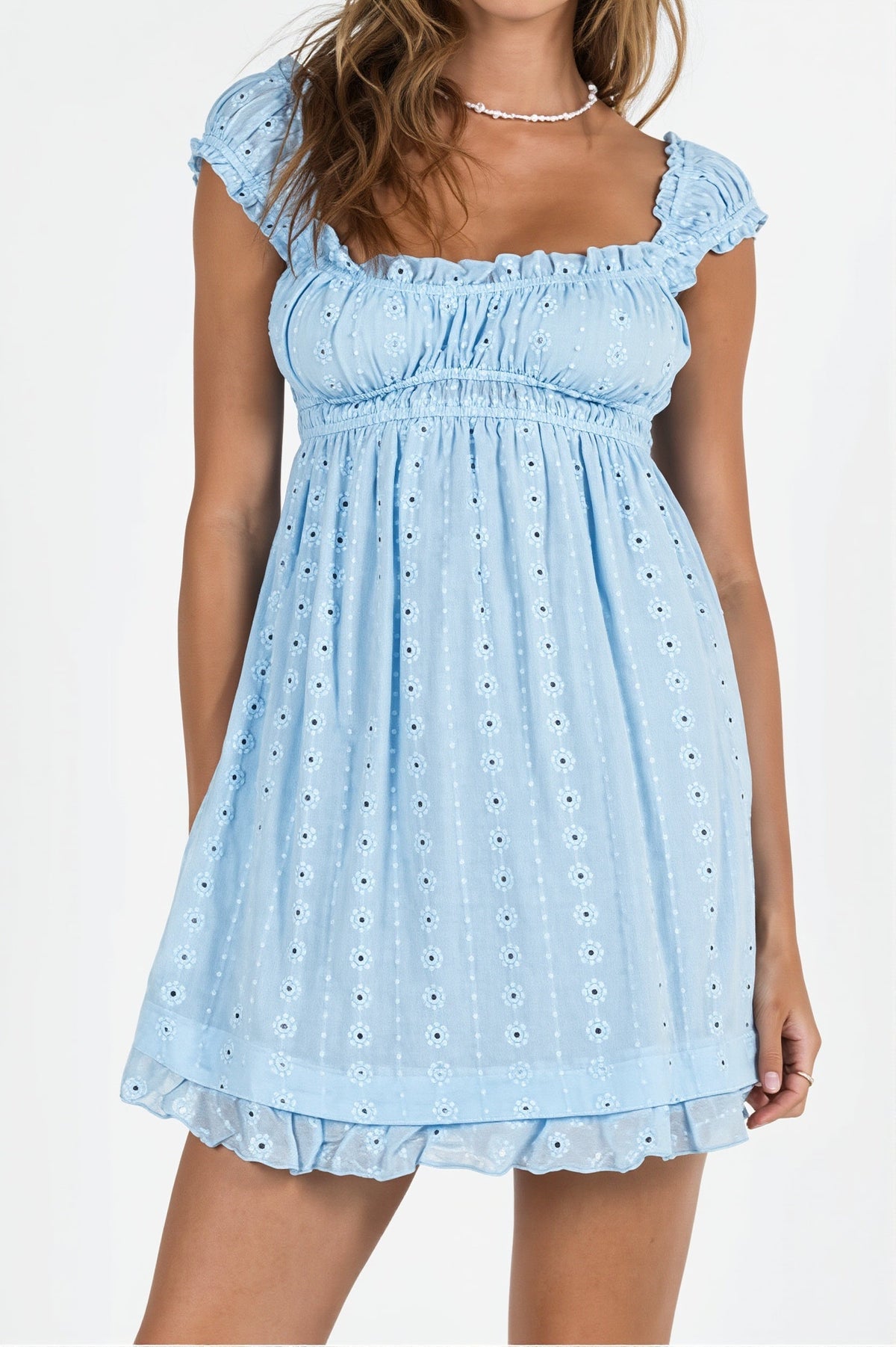 Eyelet Embroidered Square Neck Ruffle Strap Babydoll Mini Dress 3