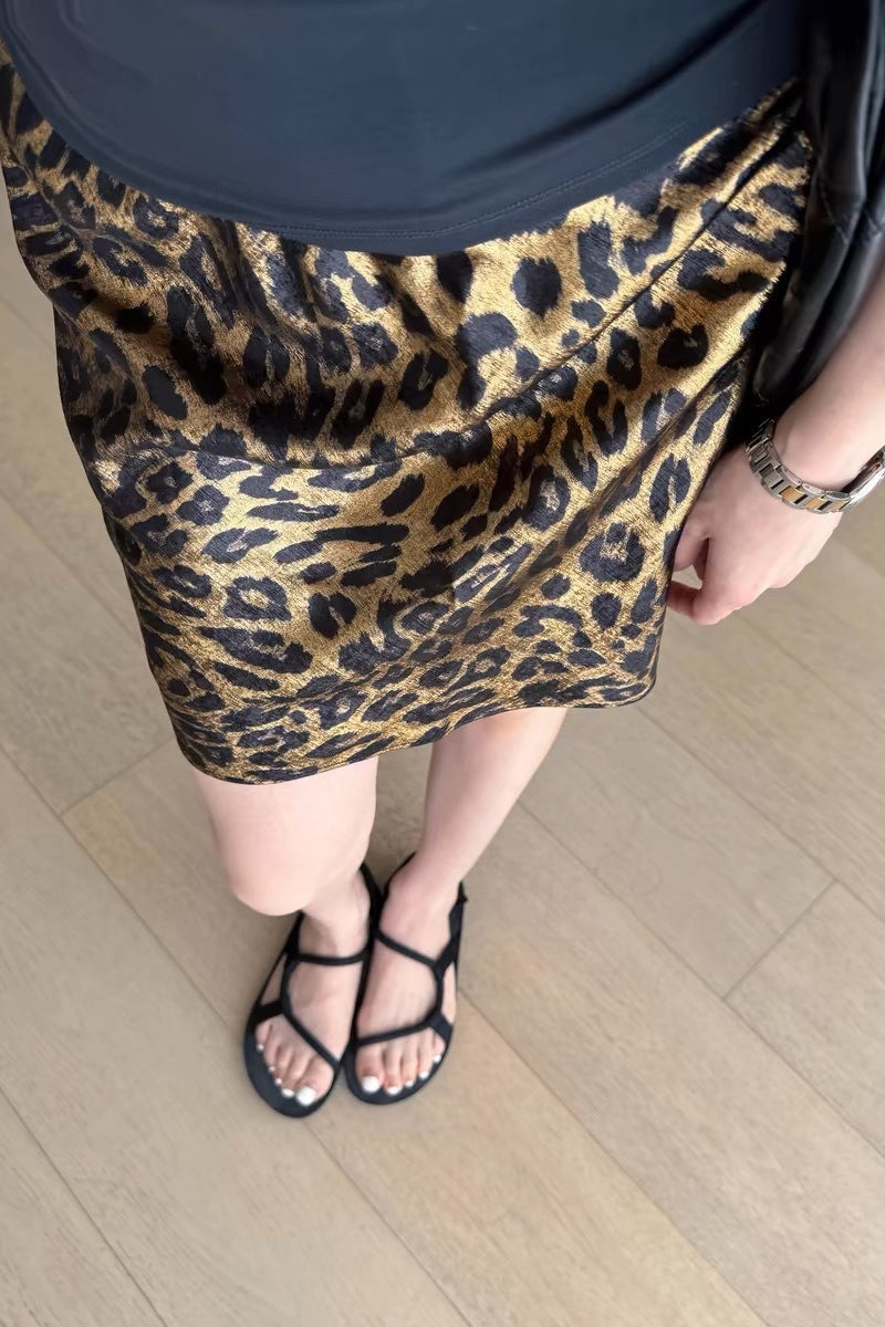 Leopard Print Satin Asymmetric Hem Slip Midi Skirt 4