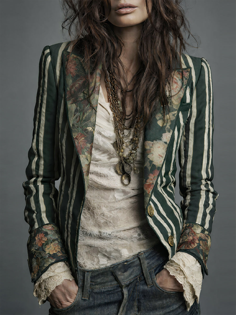 Striped Floral Panel Contrast Lapel Blazer