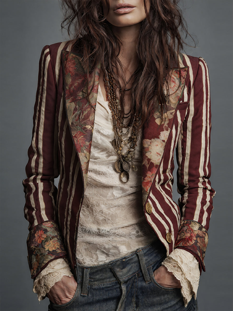 Striped Floral Panel Contrast Lapel Blazer