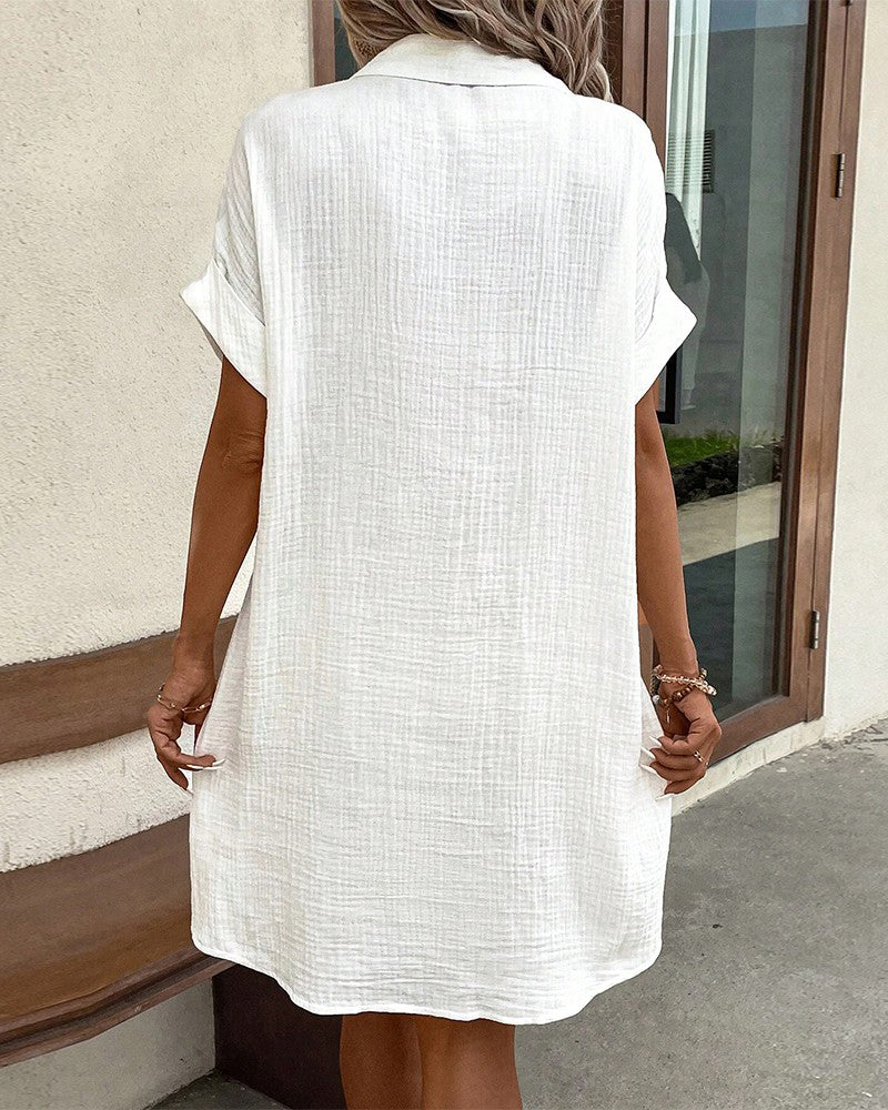 Crinkle Button Front Short Sleeve Pocket Shirt Dress