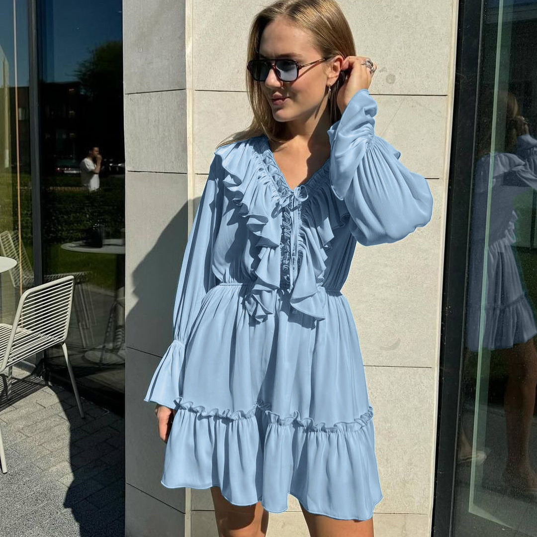 Ruffle Deep V-Neck Flounce Long Sleeve Tiered Mini Dress 12