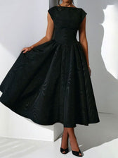 Satin Boat Neck Cap Sleeve Fit and Flare Midi Dress 8