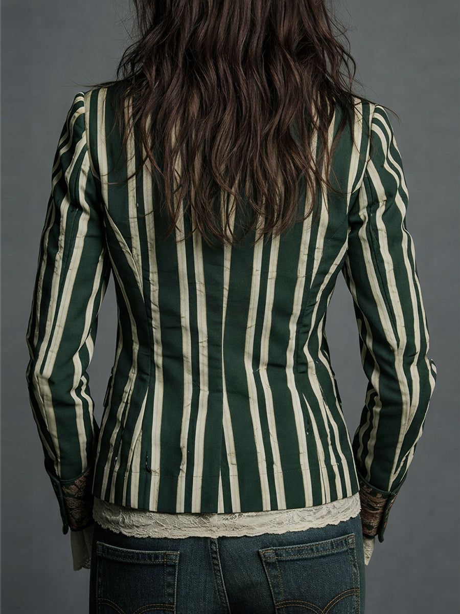 Striped Floral Panel Contrast Lapel Blazer
