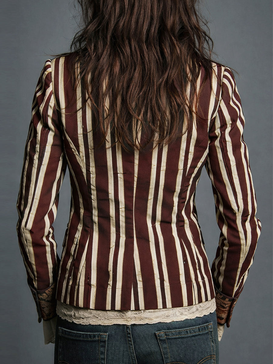 Striped Floral Panel Contrast Lapel Blazer