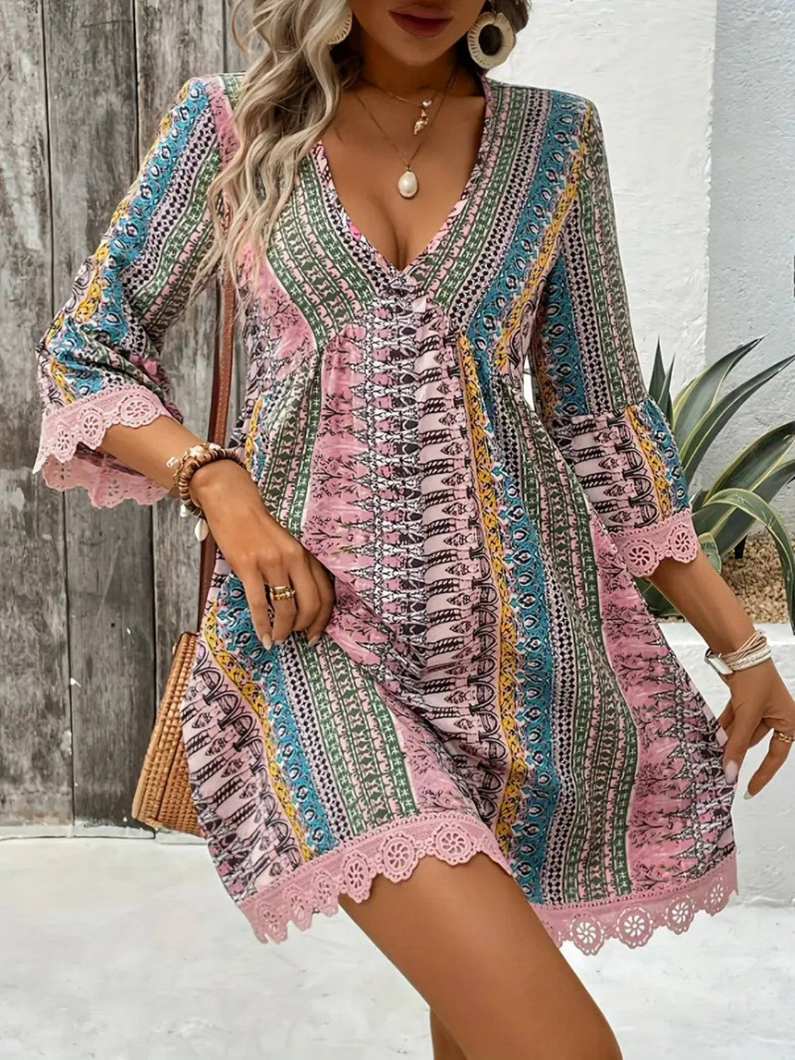 Boho Print Deep V-Neck Lace Trim Mini Dress 8