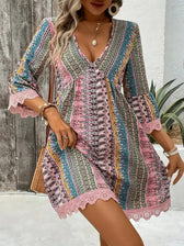 Boho Print Deep V-Neck Lace Trim Mini Dress 8