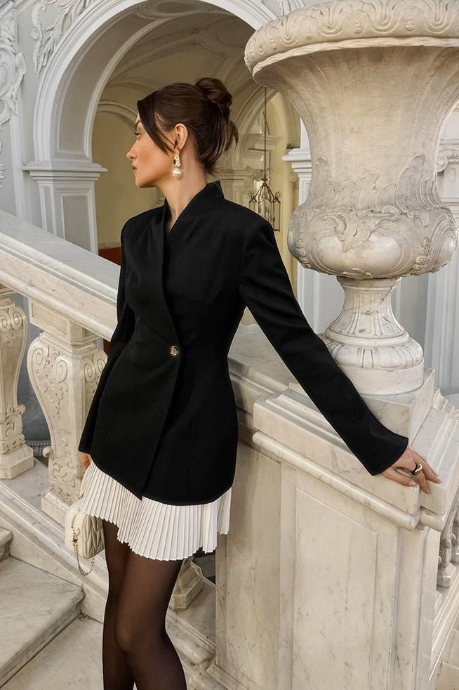 Shawl Collar Single Button Contrast Pleated Hem Longline Blazer