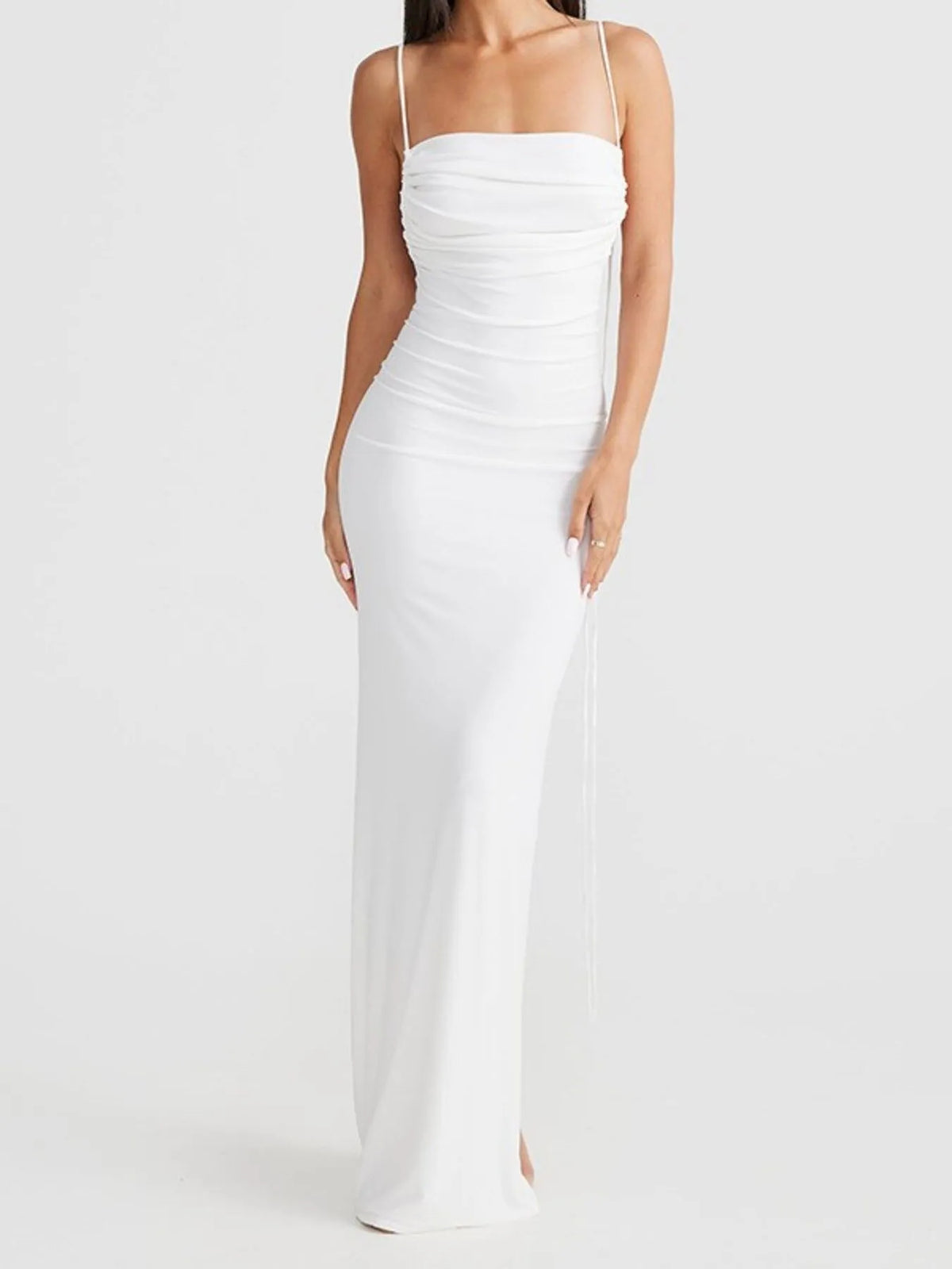 Asymmetric Neck Ruched Bust Tie Strap Open Back Bodycon Maxi Dress 7