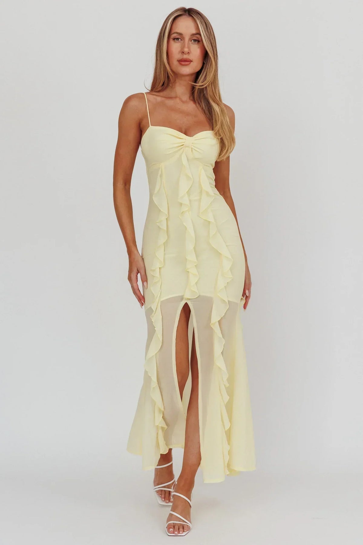 Sweetheart Spaghetti Strap Vertical Ruffle Chiffon High Split Maxi Dress 3