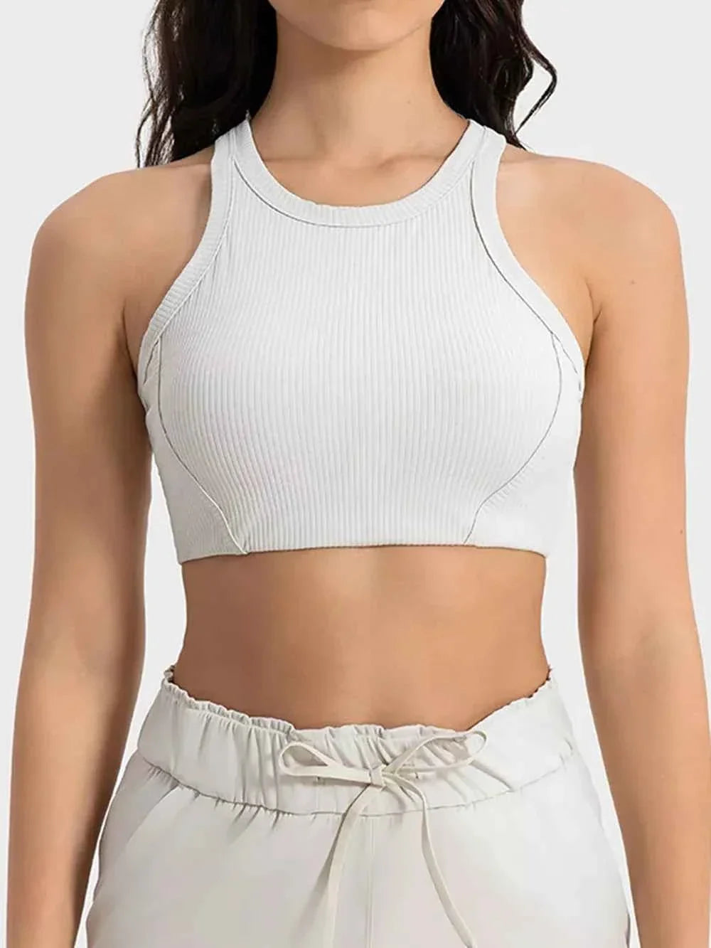 Ribbed Round Neck Wide Strap Cropped Sport Tank Top