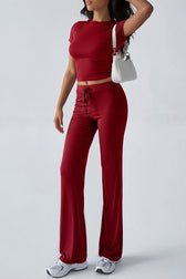 Essential Solid Color Crewneck Top Wide Leg Pants Set
