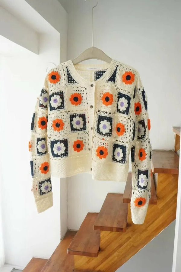 Square Crochet Crop Button Cardigan