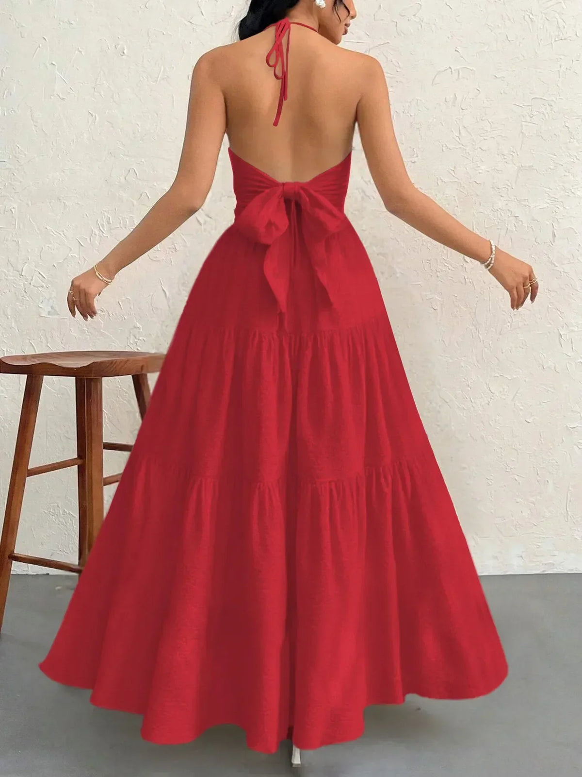 Halter Neck Deep V-Neck Sleeveless Tiered Maxi Dress 12