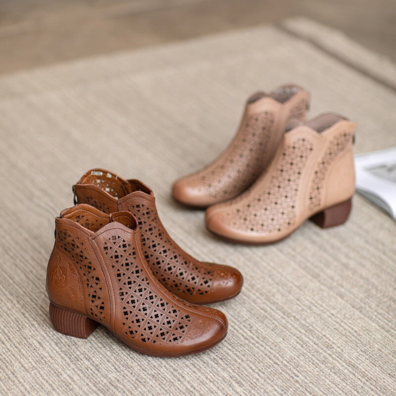 Cut Out Summer Boots Breathable Leather Short Boots Coffee /Apricot