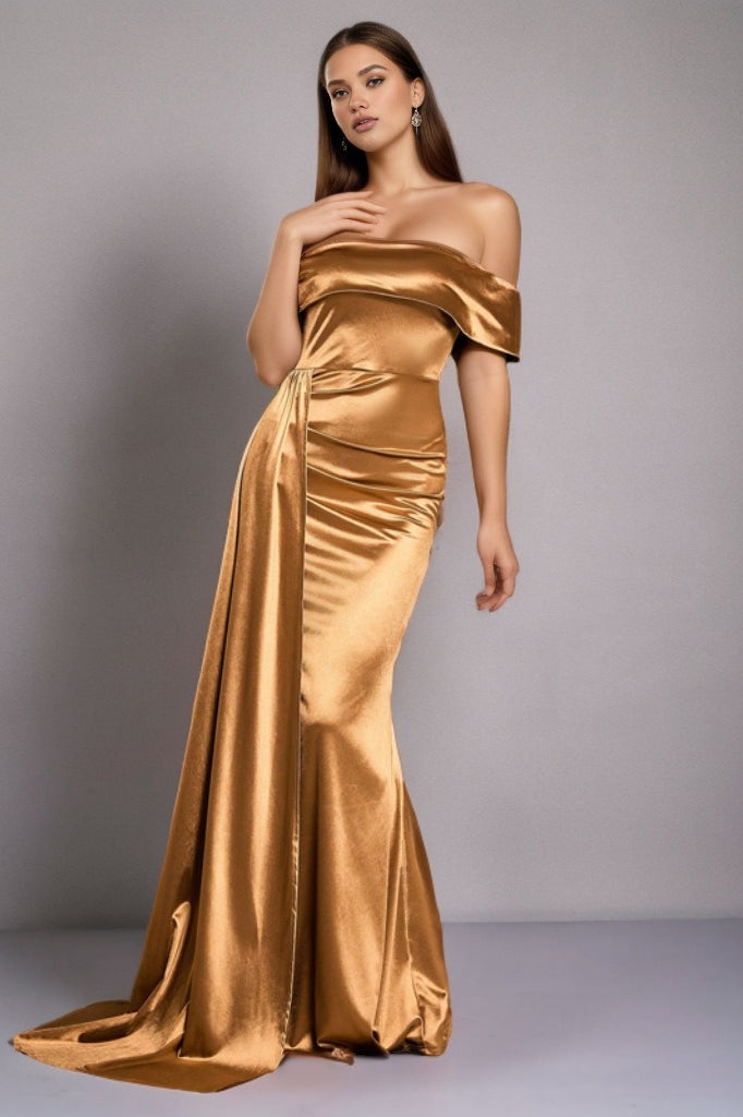 Satin Off Shoulder Ruched High Split Maxi Formal Gown