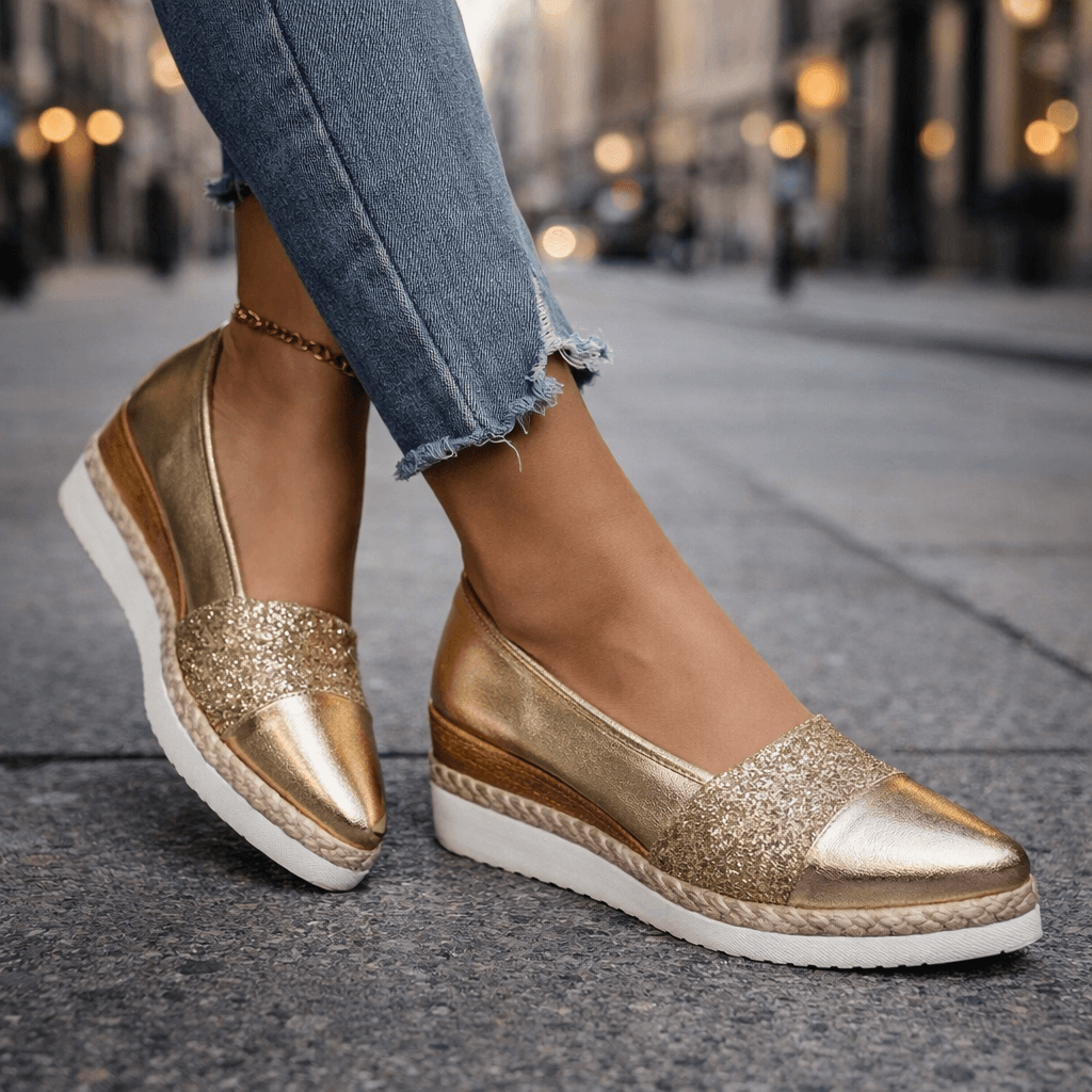 Glitter Cap Toe Slip On Espadrille Wedge Flats