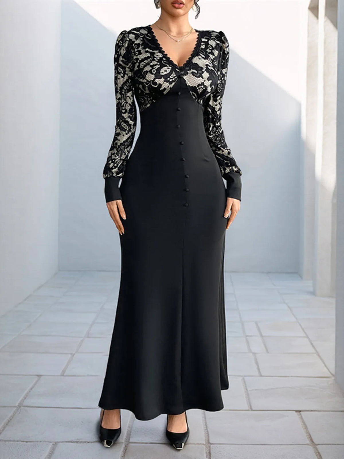 Lace V-Neck Long Sleeve Button Front Mermaid Maxi Dress 3