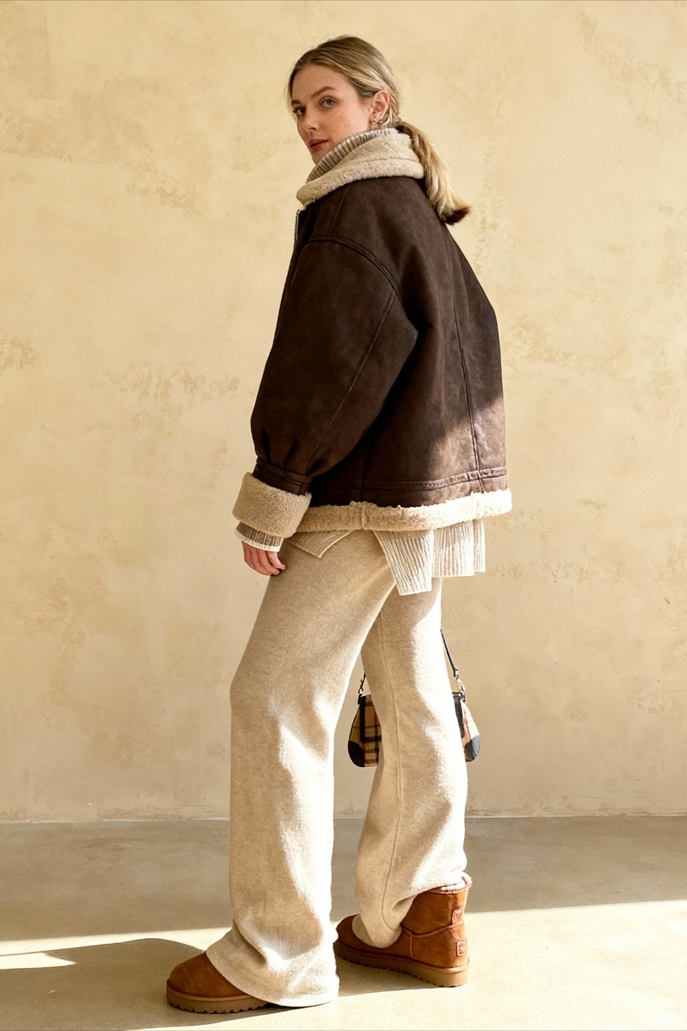 Vintage Oversized Suede Sherpa-Lined Coat