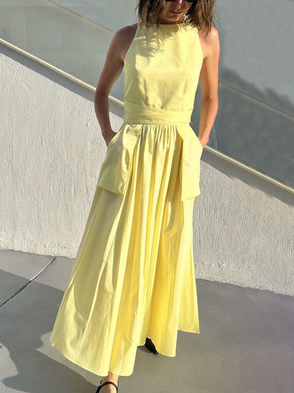 Spaghetti Strap Square Neck Tie Belt Side Pocket Maxi Dress