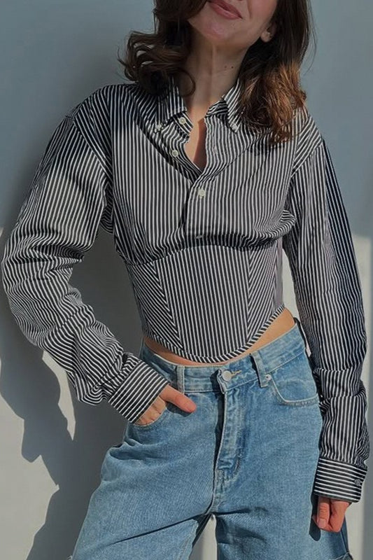 Striped Button Down Collar Long Sleeve Corset Waist Cropped Shirt 4
